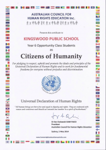 Citizen of Humanity Certificate awarded to Kingswood Public School