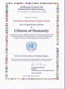 Citizen for Humanity awarded to the Hurlstone Agricultural High School